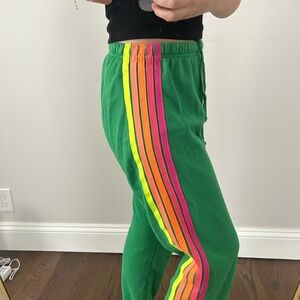 Aviator Nation Green and Pink Sweatpants with Retro Rainbow Stripes